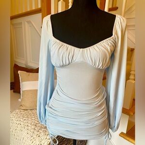 NWT size S light blue bodycon dress‎ with side ruching and ties, ballon sleeves